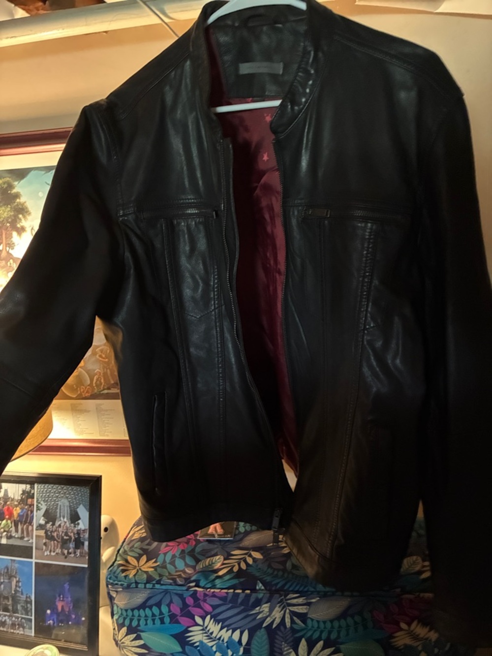 John Varvatos men’s Leather Zip Jacket with Burgundy Lining
